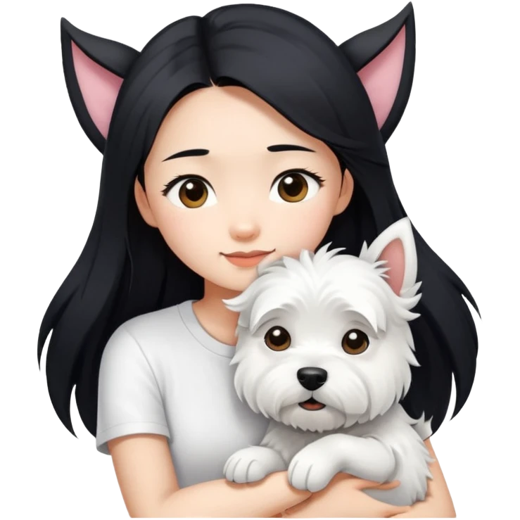 An Asain girl with long black hair to her wearing a white tight tshirt, she is hugging a west highland terrier with big ears  emoji