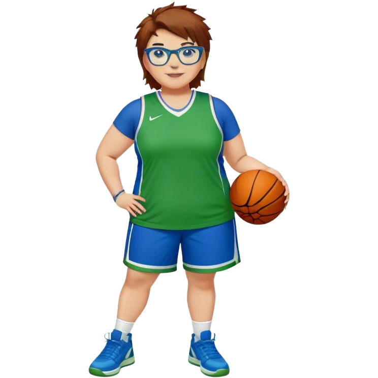 Full Body plus size white female basketball player with short medium brown hair with carmel highlights spikey hair wearing blue glasses 
 wide nose wearing blue green uniform  green sneakers smiling wearing earrings emoji