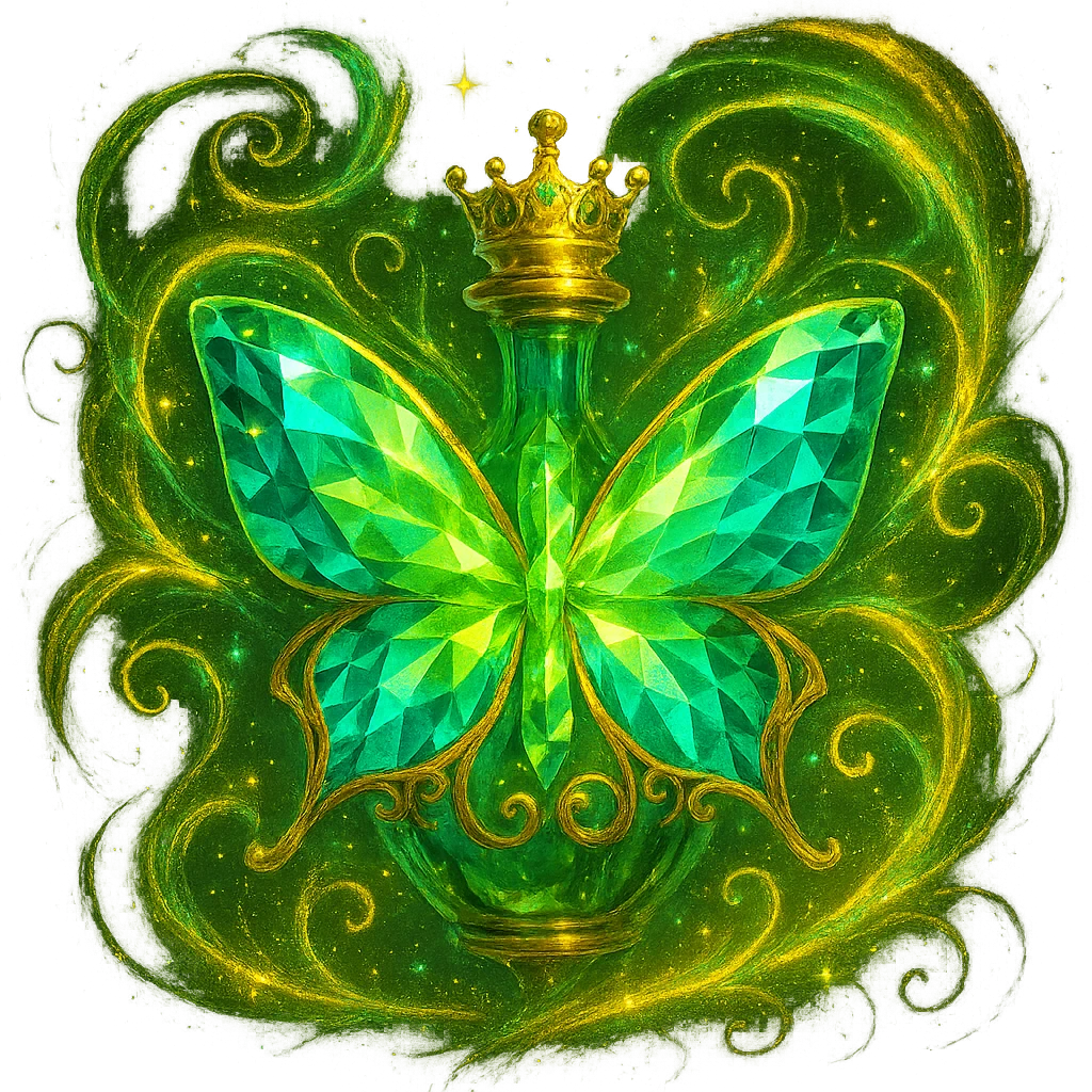 Add even more luxurious, swirling magical glowing and sparkling effects around the butterfly, inspired by the previous elixir bottles. The butterfly itself must remain unchanged, only the magical energy and sparkles around it should be enhanced. Transparent background, no shadow or base. emoji