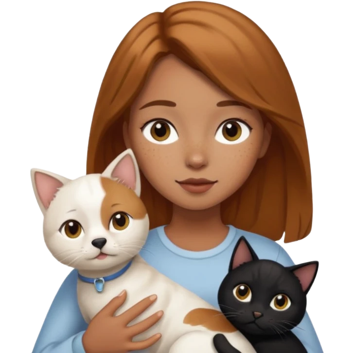 Girl with light brown hair, a few miles on her face, holding a white dog and a black cat  emoji