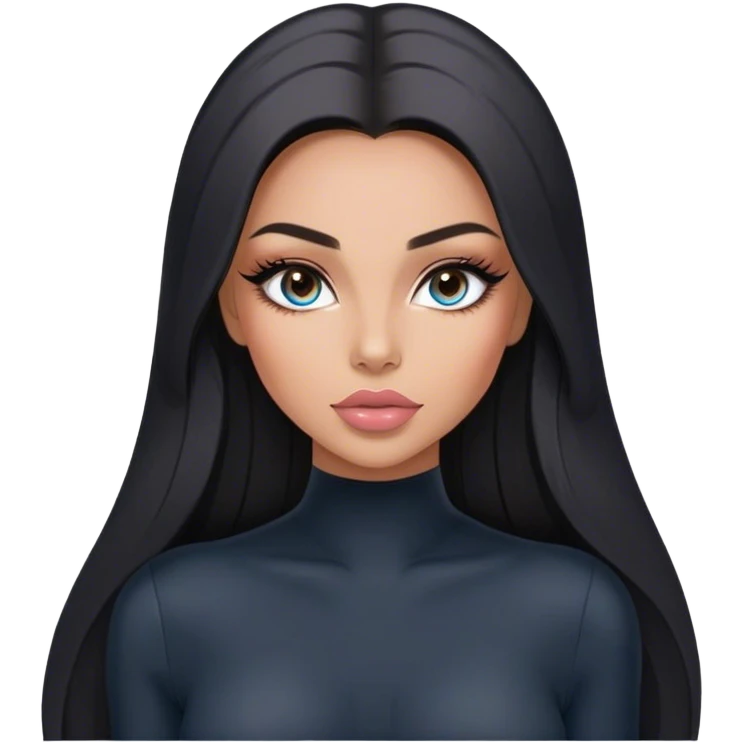 Glamours, tanned, very beautiful girl, with big pump peach-beige-rose lips, long long lashes, black straight smooth silky long hair, straight parting hair, blue-grey eyes in black long-sleeves bodysuit emoji