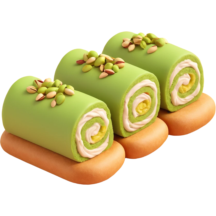 Halawet el Jibn, Middle Eastern dessert roll with creamy filling and pistachio topping, white background emoji