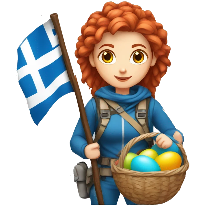 Greek Female winter mountaineer red hair white skin climbing with Greek Flag and Easter eggs basket emoji