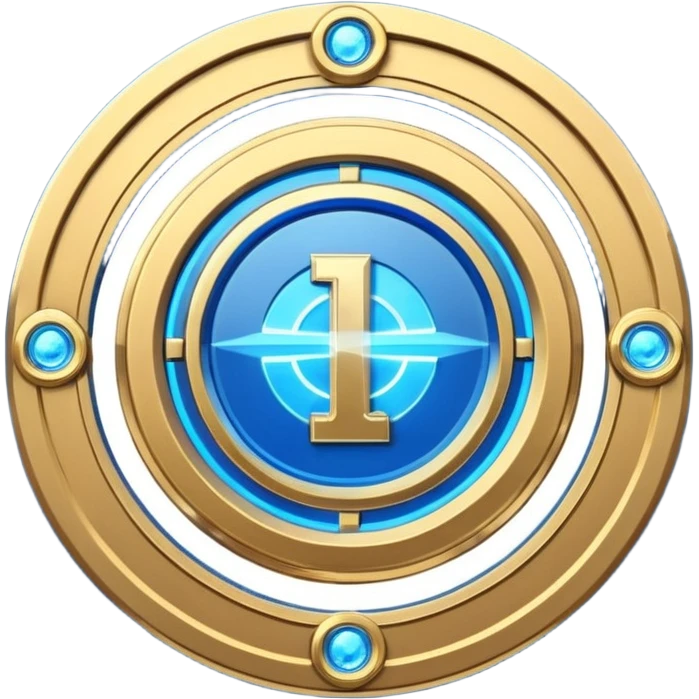Futuristic anniversary medal badge, circular emblem with embossed Roman numeral I, metallic gold finish with electric blue glow accents, subtle outer energy ring, sci-fi web3 game UI style, polished 3D game asset, dark background, centered composition, high detail emoji