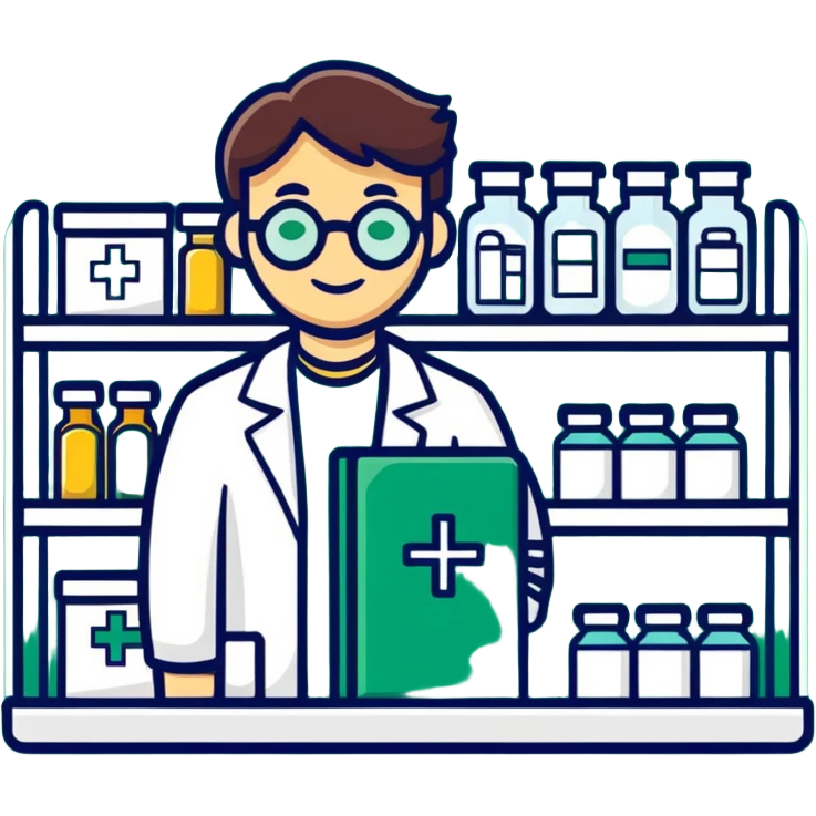 pharmacy shelves, pharmacist, dark green cross sign emoji