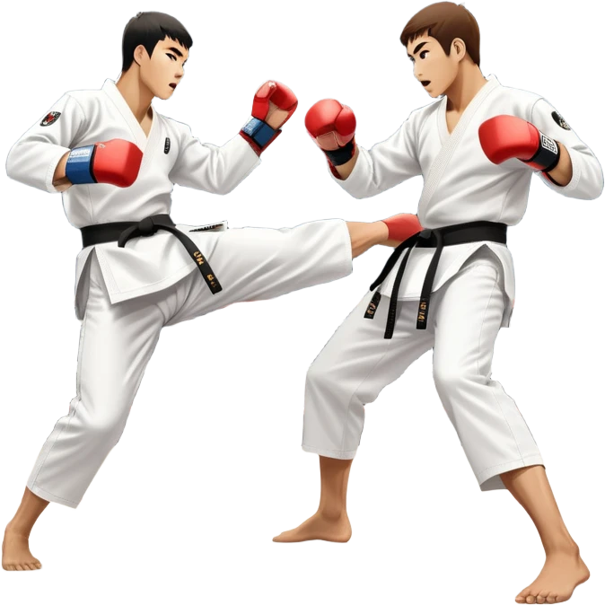 Two taekwondo fighters in traditional white doboks with black belts. One delivers a powerful kick, while the other defends by blocking with his knee. The background shows a professional arena with bright lights and an excited crowd. Transparent background highlights the intense action emoji
