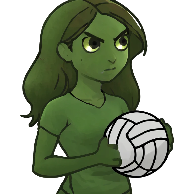 Angry girl who’s 10 has freckles long brown hair brown eyes and is holding a volleyball  emoji