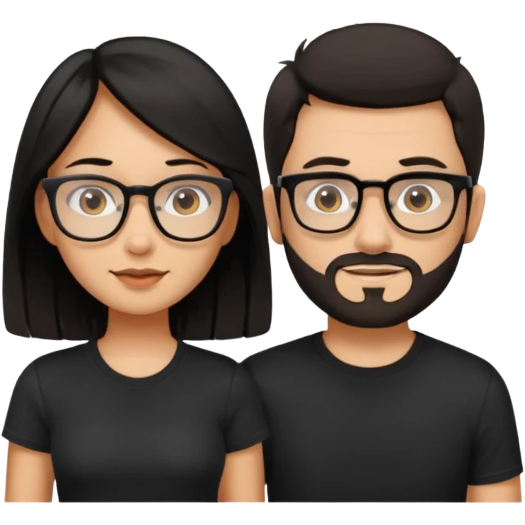 chico con gafas y barba corta moreno  camiseta negra al lado una chica pelo negro  largo piel blanca y camiseta rosa ojos marrones emoji