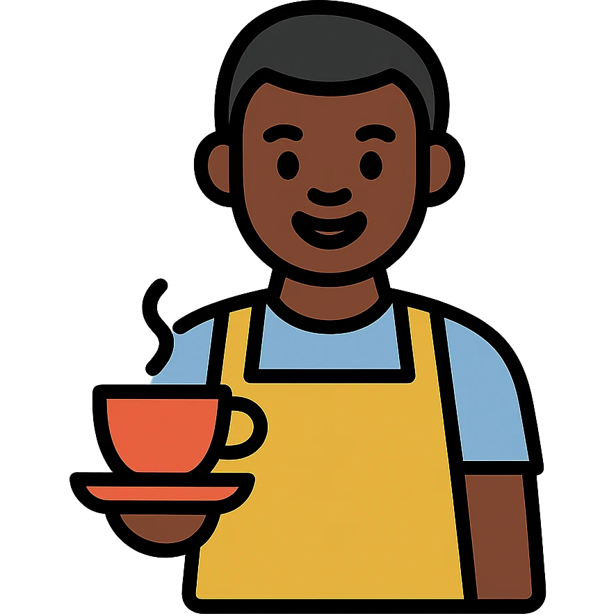 black cafe owner, apron, serving coffee, color outline icon style emoji