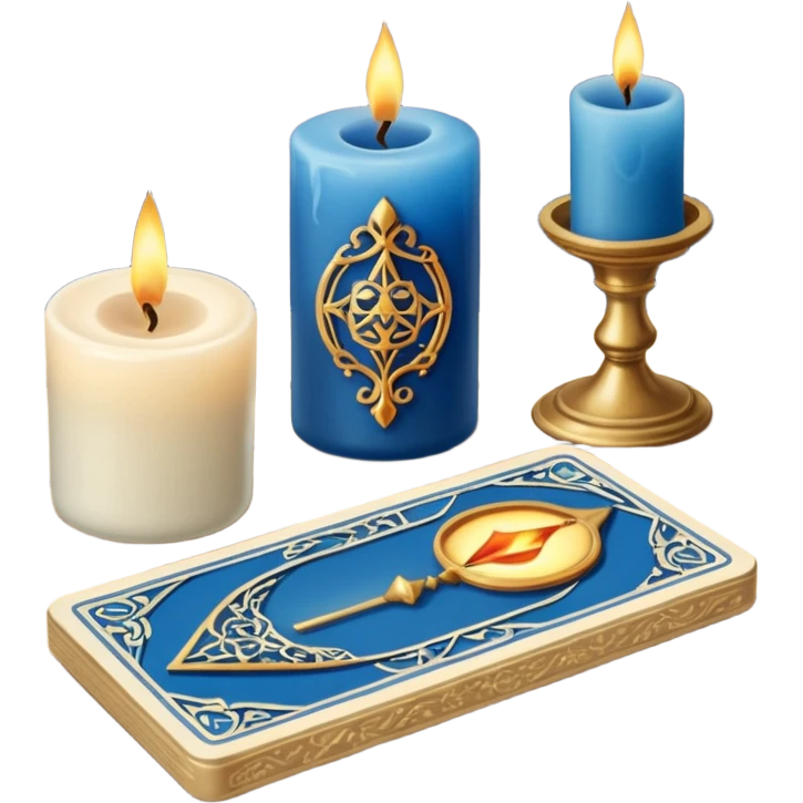 A blue deck of tarot cards and a one candle nearby emoji