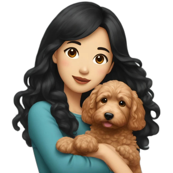 asian girl with long black hair holding red goldendoodle emoji