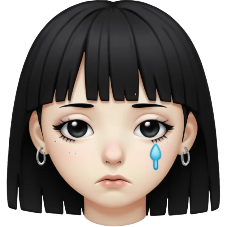 sad emoji that isn’t crying and has all black hair and black hair bangs that is going over it’s eyes and nose piercings and is emo emoji