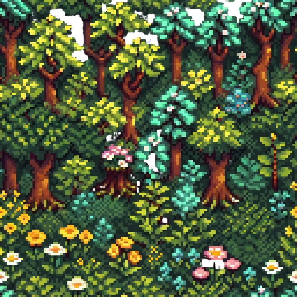 springtime forest with blooming flowers and green foliage in pixel art style emoji