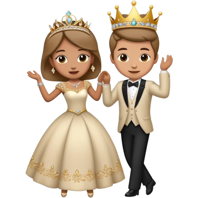 couple dancing at a royal ball, wearing formal clothes and tiara emoji