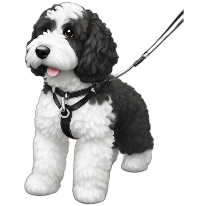 medium sized black and white ausssiedoodle on a leash emoji