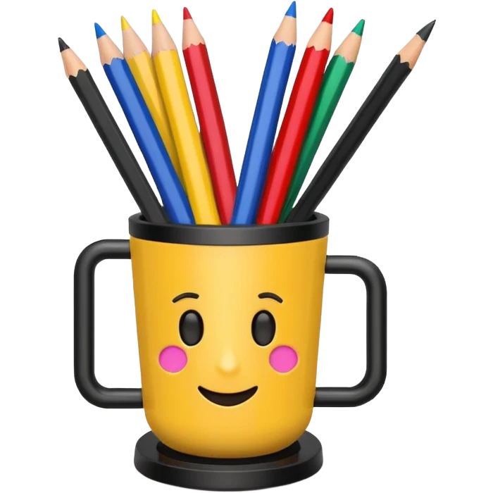 black pen holder cup with pencils and pens inside, emoji style emoji