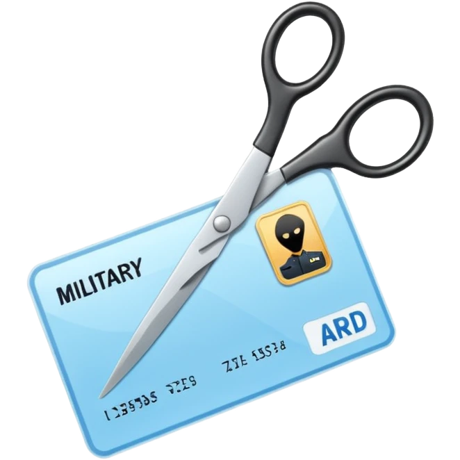 Floating black Scissors cutting a light blue military ID card in 2 parts .hyper realistic emoji