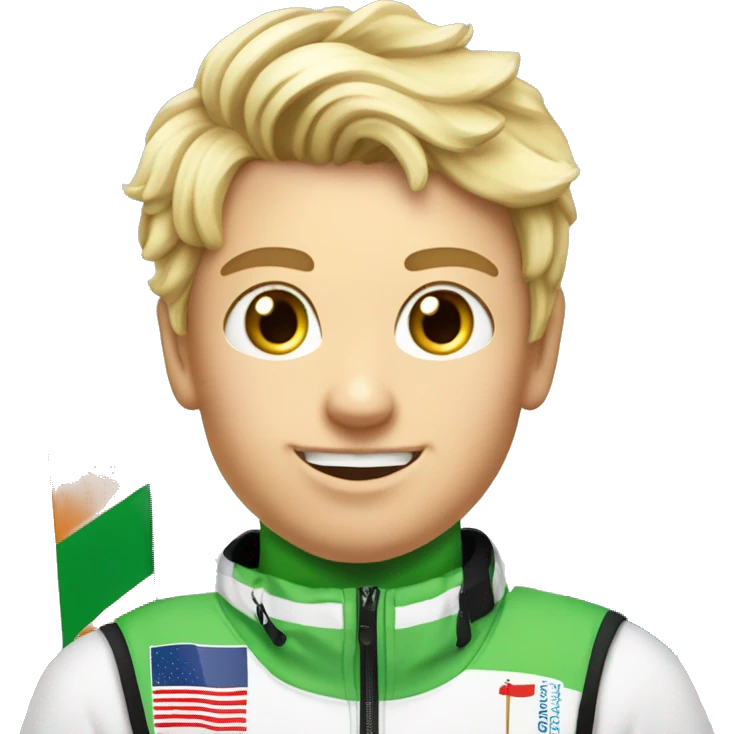 18 year old blonde boy ski racing World Cup with slalom poles wearing a bib that says Rowmark. emoji