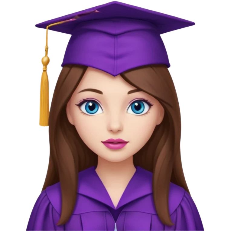 girl with beautiful very long brown hair, blue eyes, long lashes makeup, sexy pink lips, wearing a purple graduation cap and gown emoji