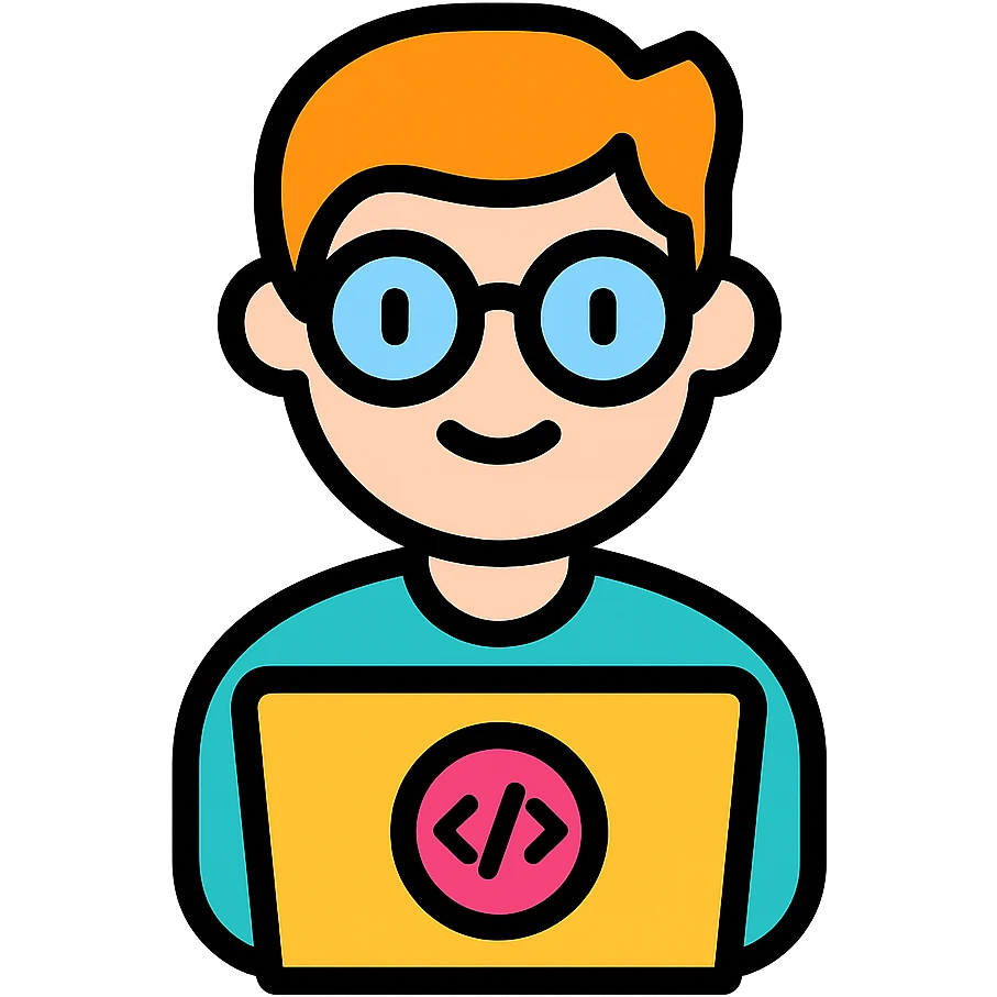 IT nerd with glasses using a laptop, playful, modern icon style, colorful lineal icon with black outlines emoji