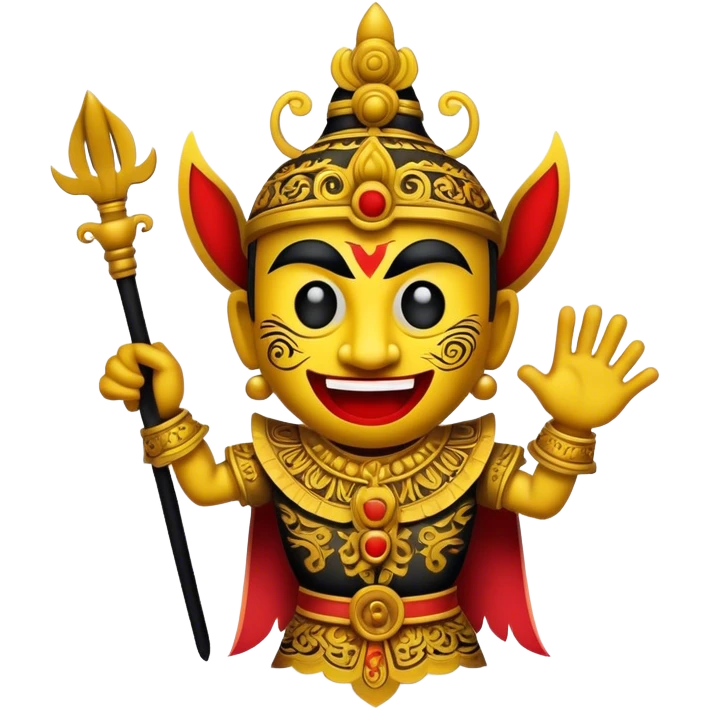 Cinematic Realistic Wayang Kulit Pop Culture Emoji, featuring a vibrant shadow-puppet theatre scene rendered with dynamic textures and artistic, traditional lighting. emoji