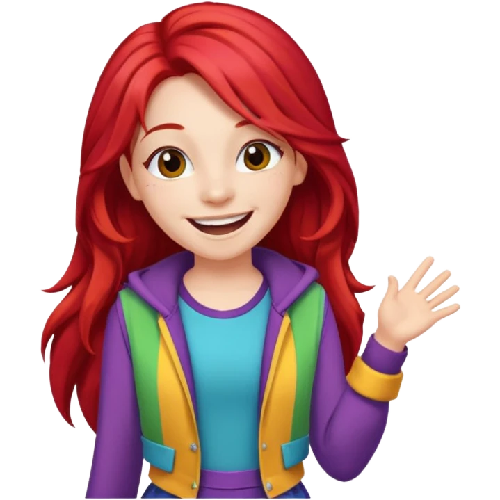 A red long hair cheerful teen singer with colorful outfit, performing with big smile.
 emoji