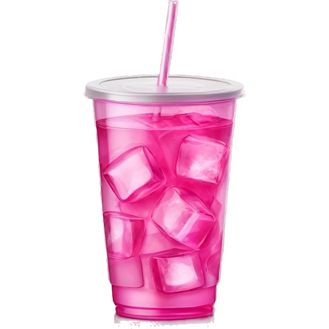Realistic see through plastic cup and lid with half full Transluscent hot pink soda,straw and large ice cubes inside. emoji