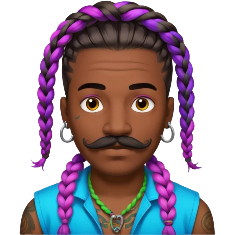 big lose braids starting from the top of the head man with mustache face wiith big visible braids and lots and lots of face tattoos colored tattoos like a tattoo artist hair unique color emoji