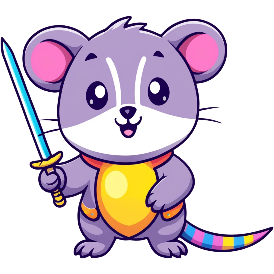 A colorful possum holding a glittery sword, rainbow sparkles, vibrant neon colors, cute big eyes, with stars and hearts background emoji