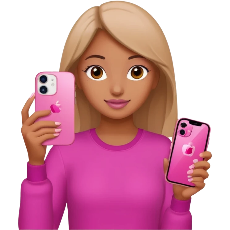 chica "baddie" con un iphone 13 rosa en la mano como sacando foto emoji