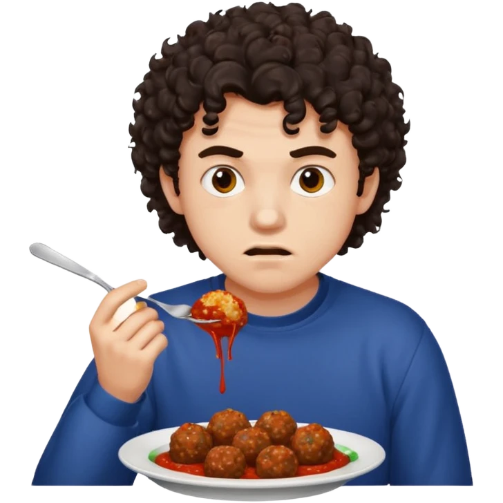 Ragazzo di 20 anni con capelli ricci scuri, leggermente arrabbiato che mangia 2 polpette  emoji