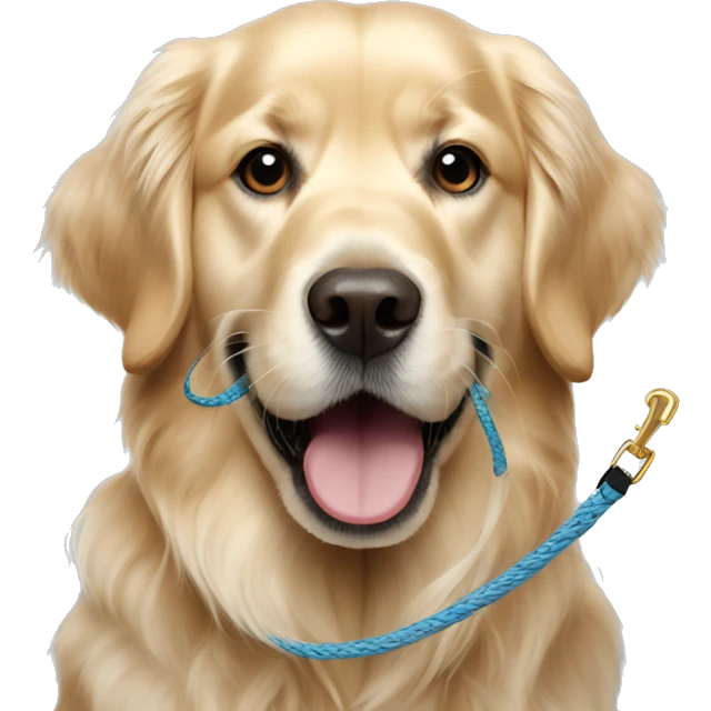 English Golden retriever holding a leash in his mouth emoji
