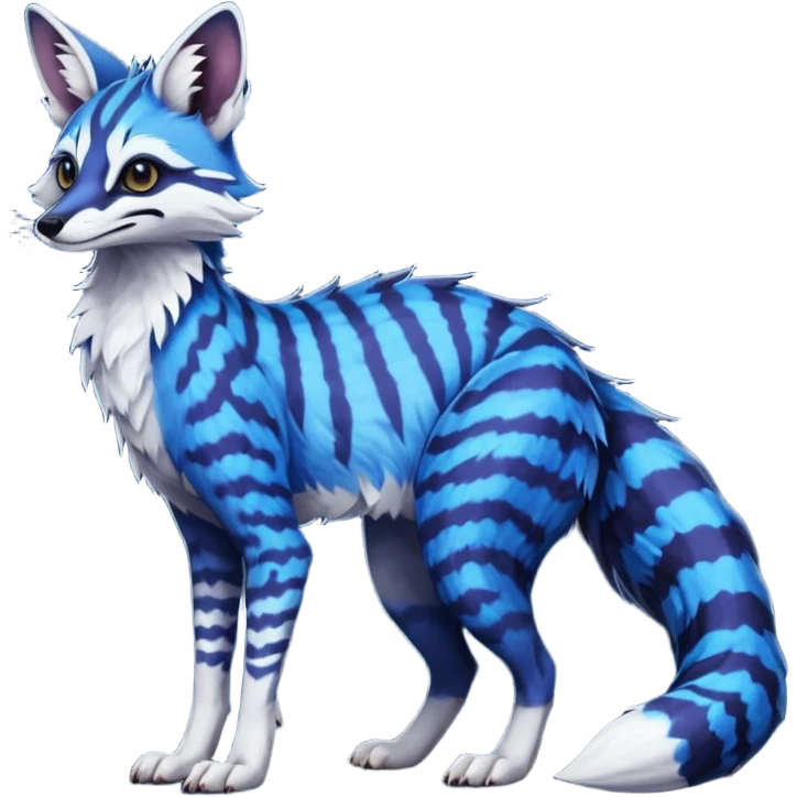 Feral Rare Fantasy vibrant dark shady shaded detailed deep-dark-cobalt-blue-gradients-colored colorful Vernid-Sergal-Genet-Trico-Fox-species by LiLaiRa, with dark-blackish points, white belly, random markings, tufted tail, tufted ears, full body emoji