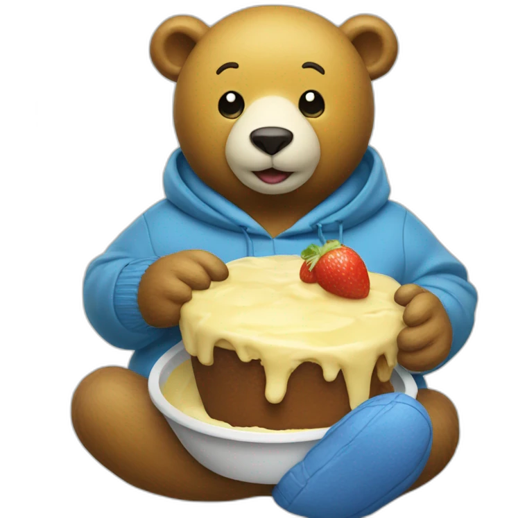 f Yellow bear with White nose and a blue pullover eating Pudding emoji
