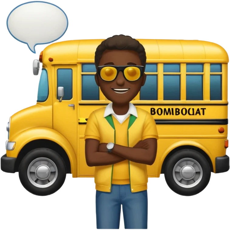 a school bus with a jamaican man saying bomboclat (speech buble) emoji