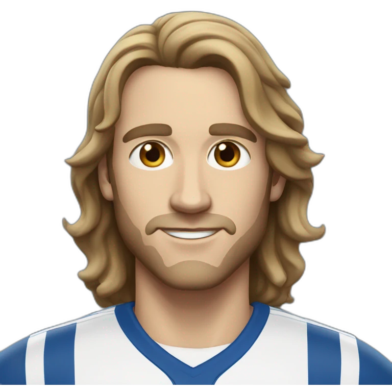 White man with light eyes, with long wavy dark brown hair, dressed in a blue and white team shirt emoji
