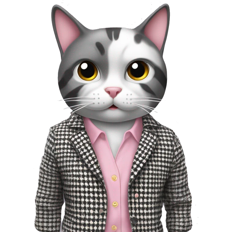 The cat is wearing a stylish black and white houndstooth jacket and light pink pants. Its facial expression is surprised or concerned, with eyes wide open and mouth curved downward. The background should be plain white to emphasize the character. emoji