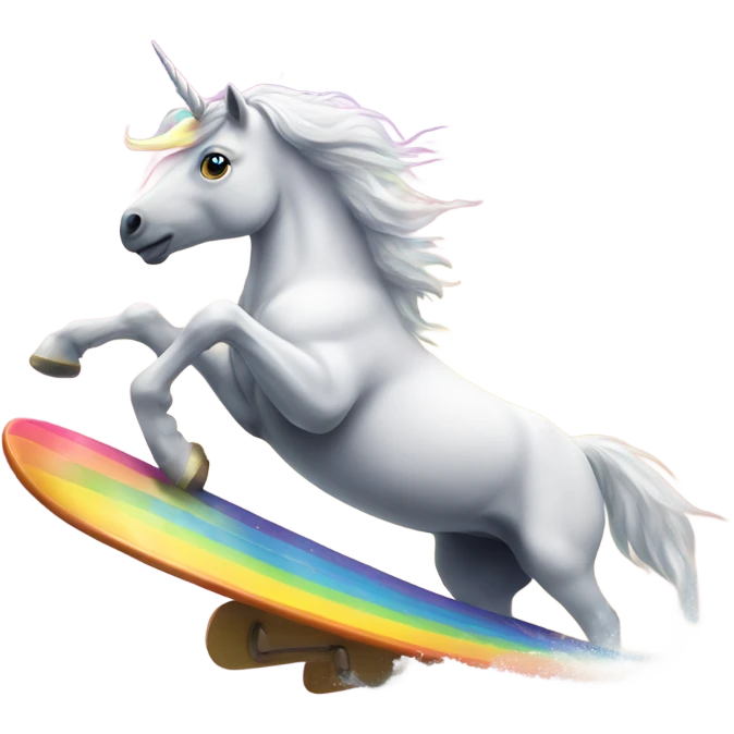 Unicorn surfing on a rainbow emoji