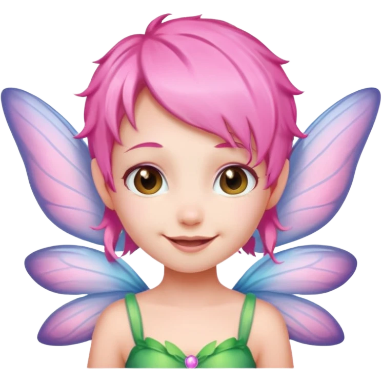 A tiny pastel fairy with pink hair with glowing wings and a sweet smile  emoji