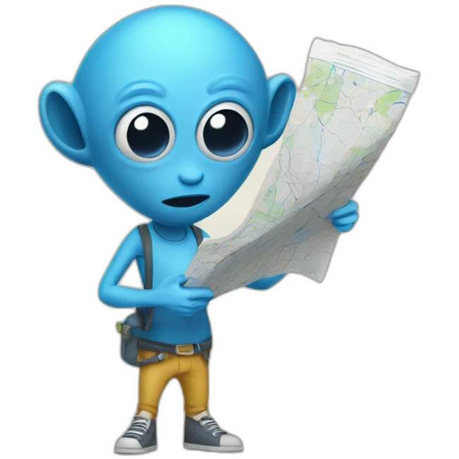 blue skinny tall alien wearing a fanny pack and holding a map emoji