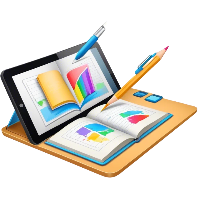 Colourfull Illustration icon, pencil, paintbrush, gel pen, graphic tablet or monitor with digital illustration, open book with sketches, minimalistic style, clean lines, transparent background. emoji
