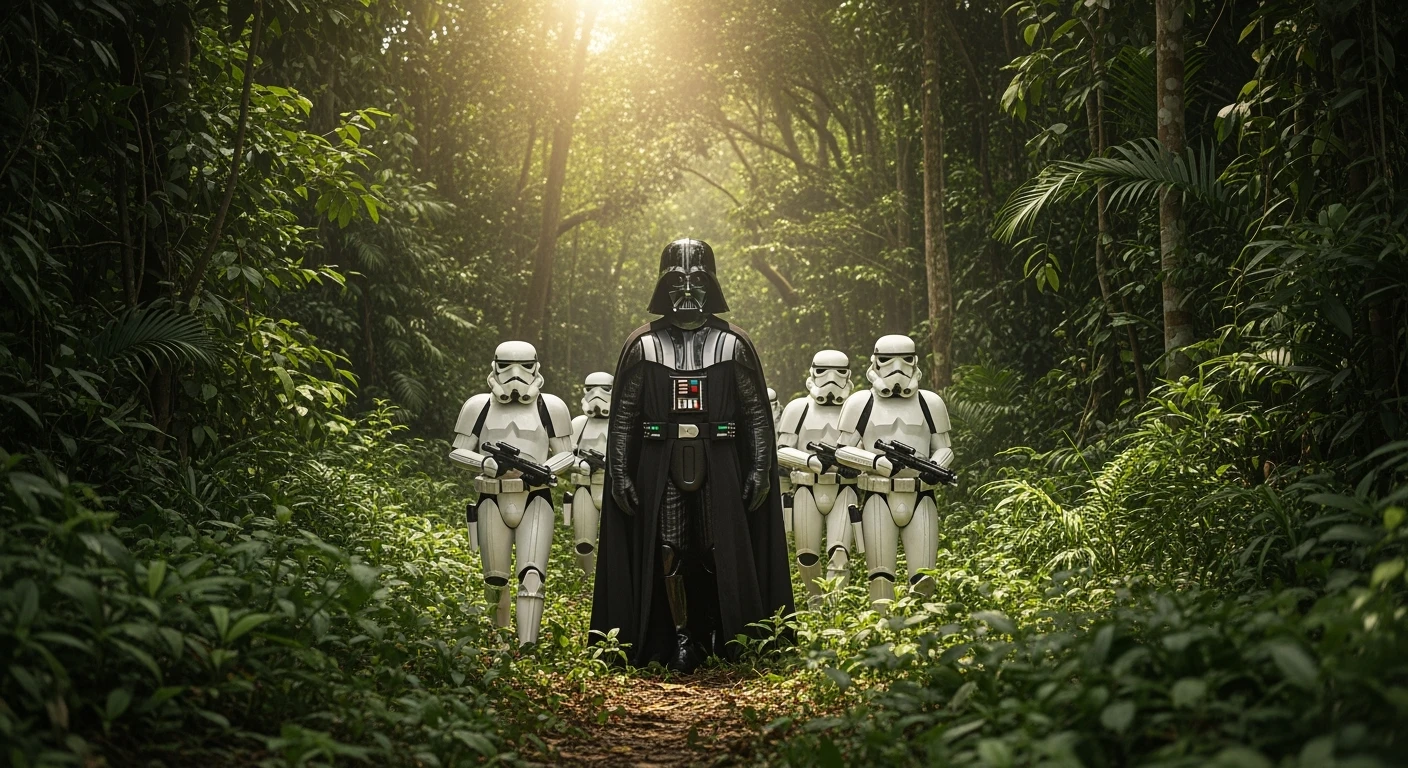 cinematic still, documentary photography, amazon jungle, well lit scene, Darth Vader around stormtroopers is exploring the jungle, close up, front shot, rule of thirds emoji