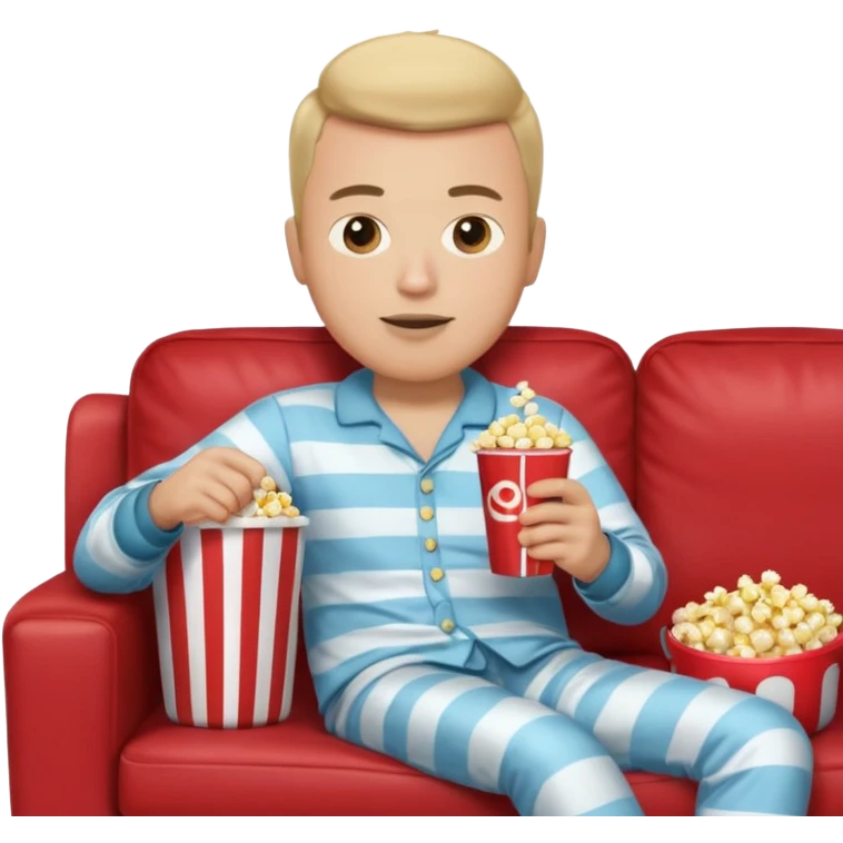 male memoji, lazy man in pajamas, lying on couch, holding TV remote, relaxed face, casual home vibe, popcorn bucket, watch tv emoji