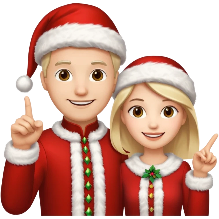 Adult couple wearing Xmas outfit pointing at you emoji