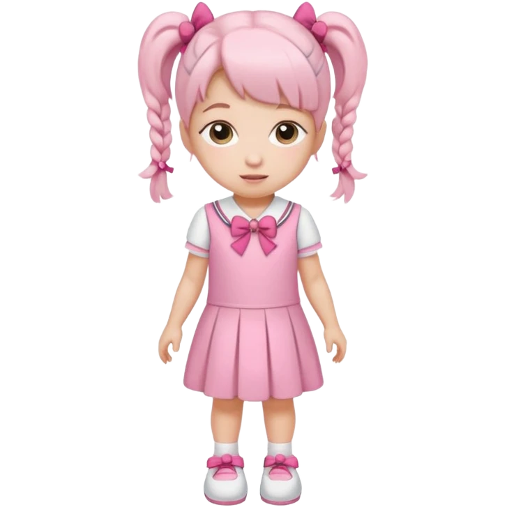 small girl wearing pink student uniform, white dress, white shoes and a bow on her pigtail hair emoji
