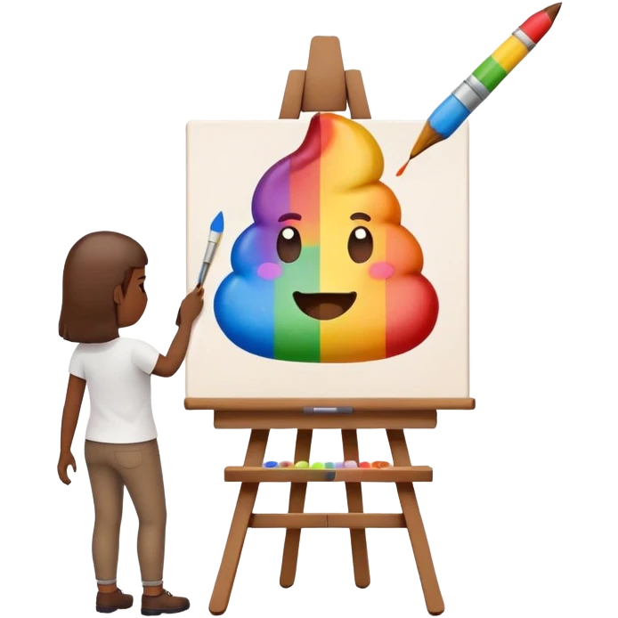 artist painting a rainbow poop emoji on an easel emoji