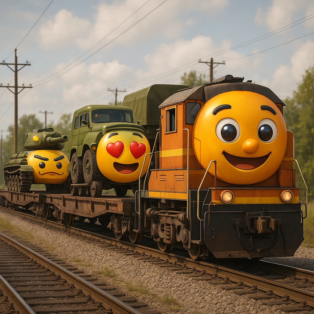 Create a highly realistic image of an ordinary cargo train transporting military equipment such as tanks and trucks, in a classic emoji style. This is variant 2. emoji