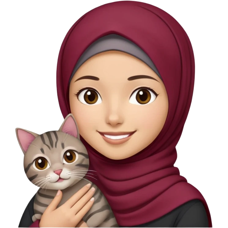 Asian White girl wearing maroon hijab holding a black grey tabby cat while smiling.  emoji