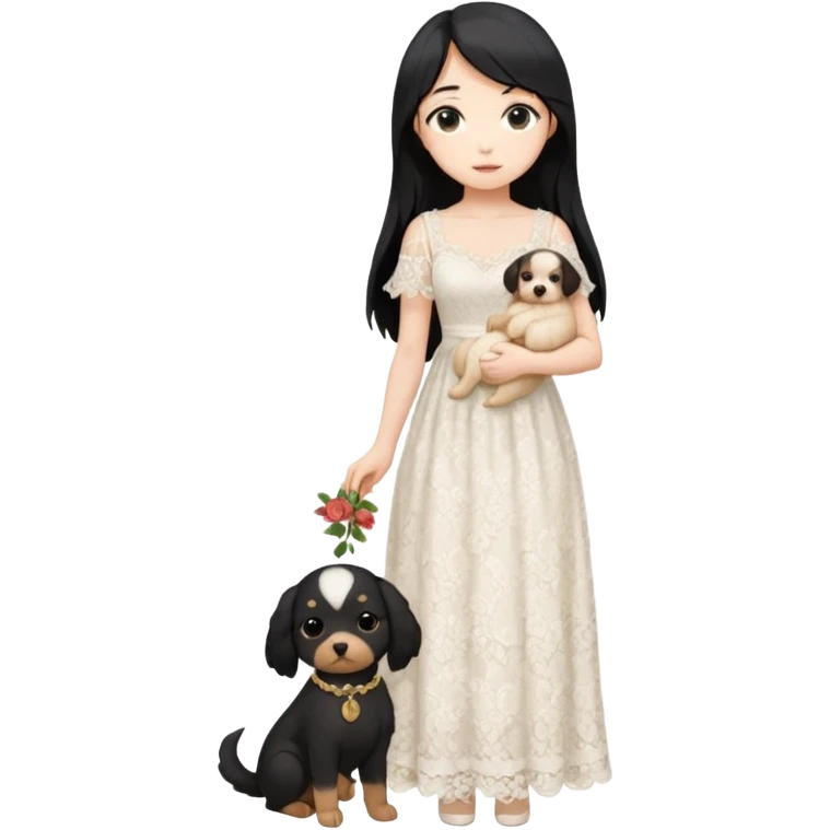 Pastel anime lady long hair with long lace dress full body holding puppy emoji