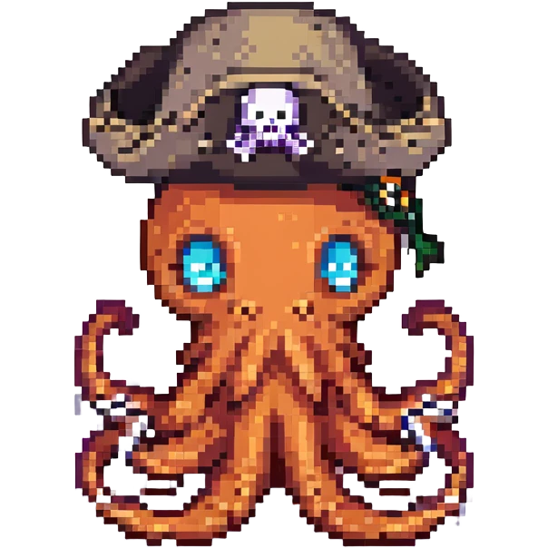 pixel art octopus with pirate hat, mischievous expression emoji